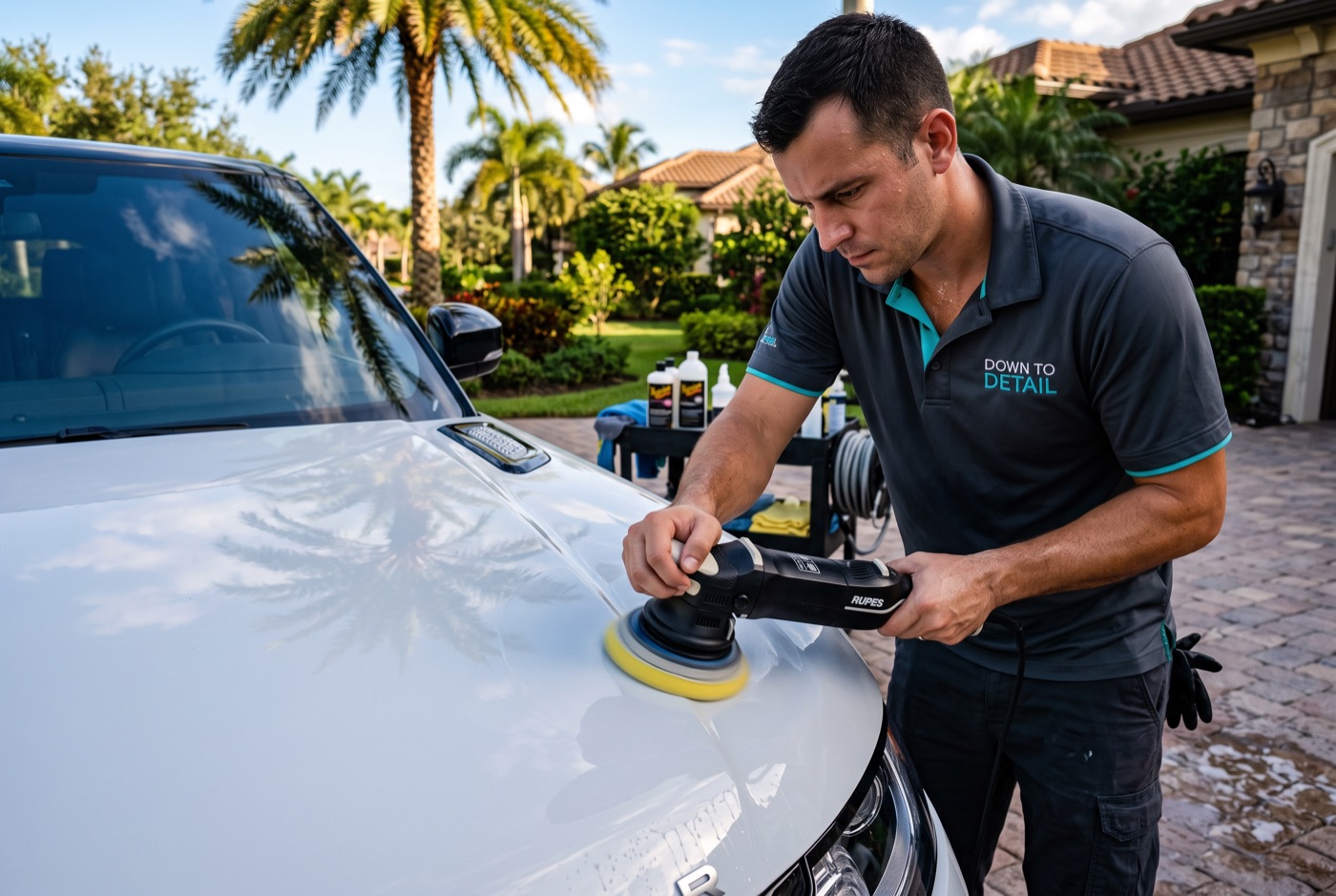 Down to Detail detailer buffing the hood of a white SUV in a paver driveway