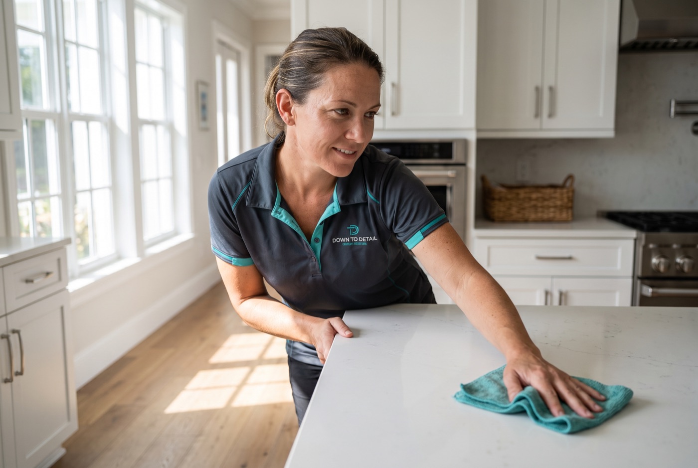 Down to Detail cleaner wiping down a quartz kitchen counter in a Naples home
