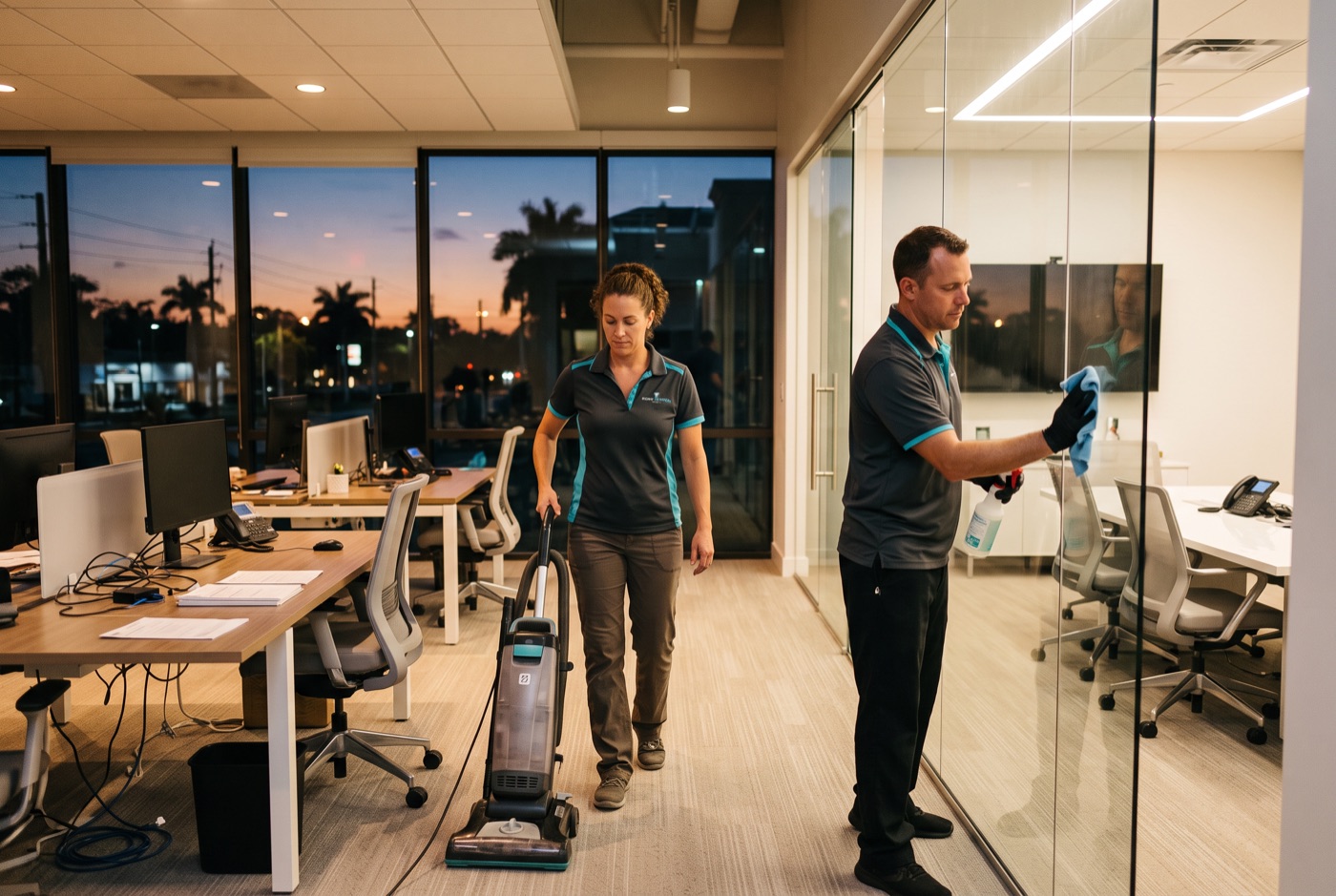 Down to Detail commercial crew cleaning a modern office suite in the evening