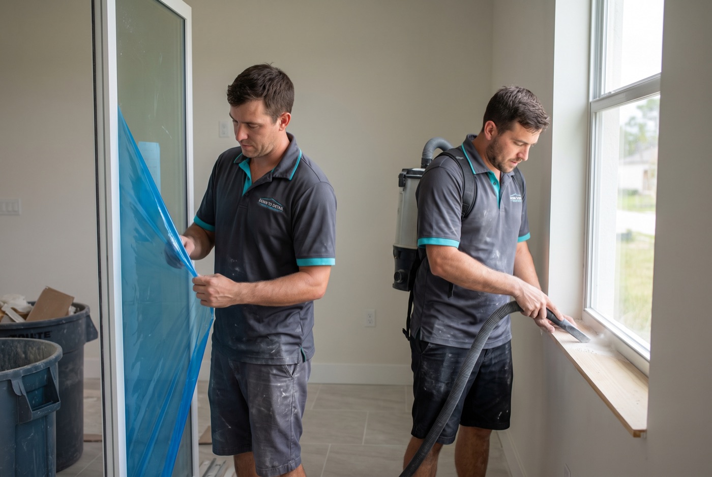 Down to Detail crew doing post construction cleanup in a brand new home