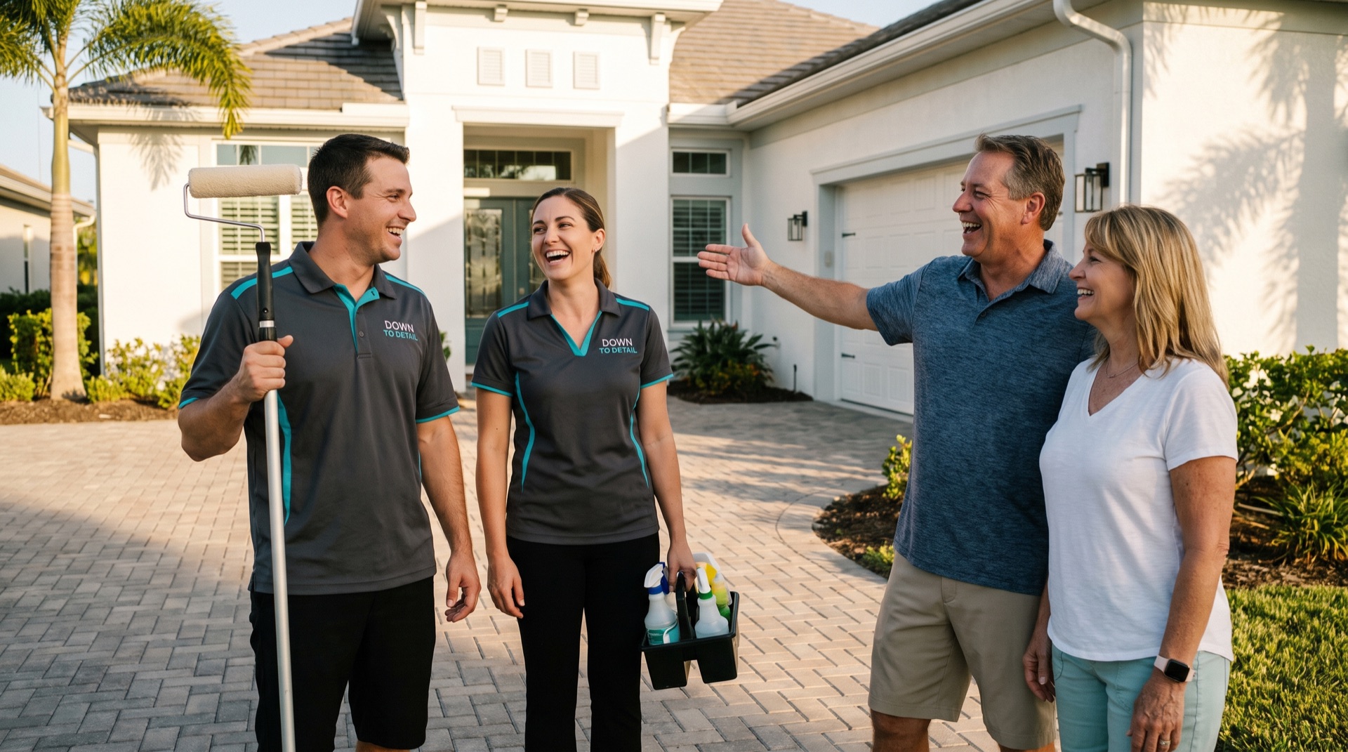 A Down to Detail painter and cleaner in branded polos talking with homeowners in the driveway of a Southwest Florida home