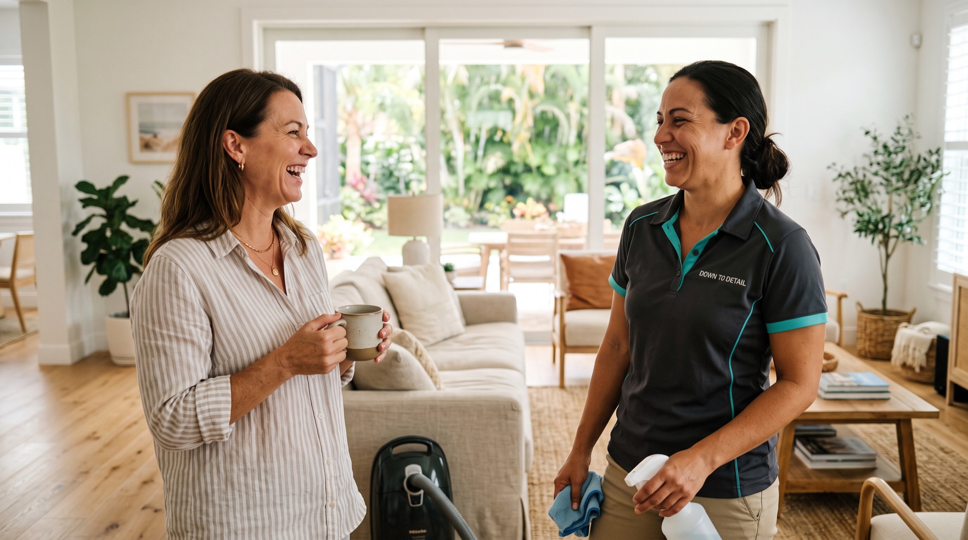 A Down to Detail cleaner laughing with a homeowner in her living room after a visit