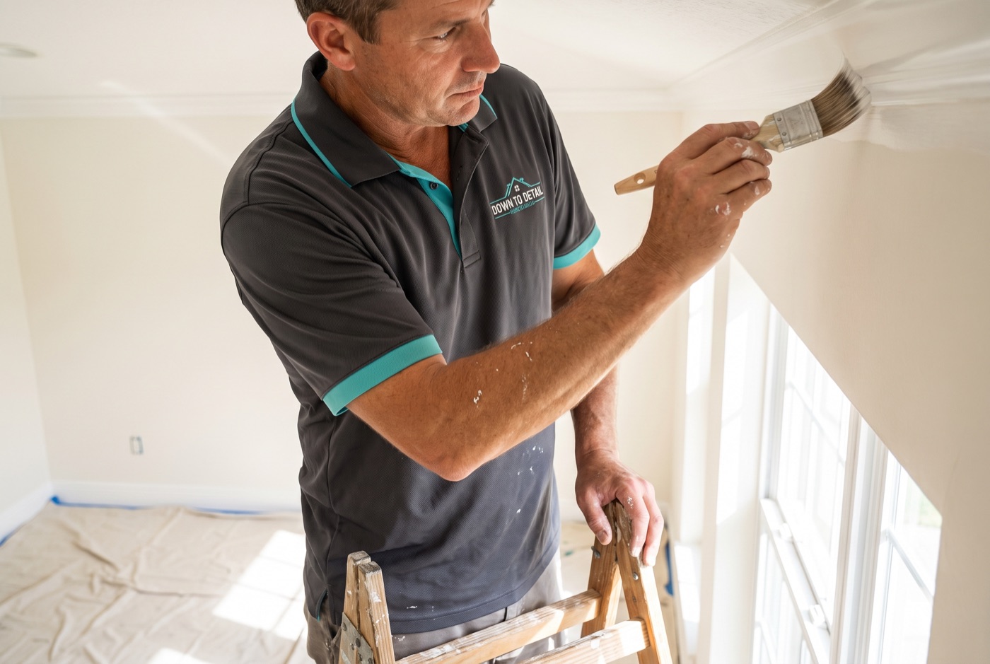 Down to Detail painter cutting in a crisp ceiling line in a sunlit Florida living room