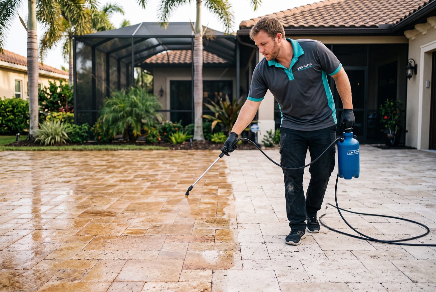 Down to Detail technician applying satin sealer to a travertine paver driveway